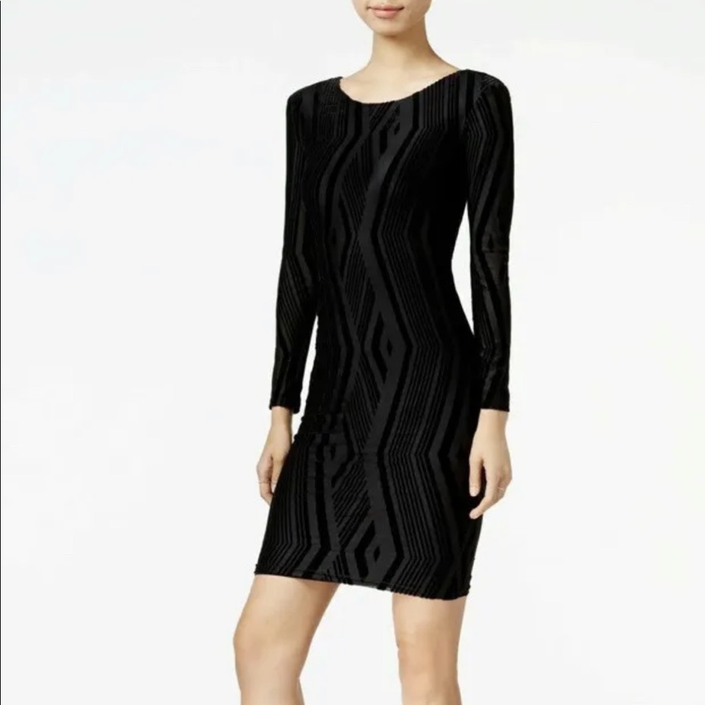 AQUA ~ Black Burnout Velvet Long Sleeves Sheath Bodycon Party Dress M NEW $98